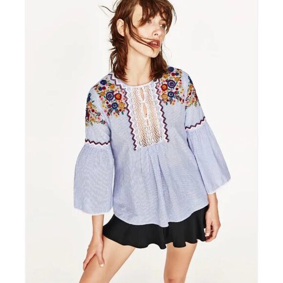 Zara Tops - Zara Basic GUC Embroidered Striped Blouse Top Size XS